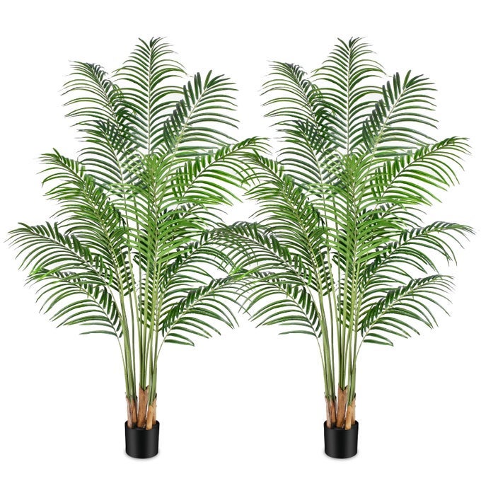 ARTIFICIAL PALM TREE 6FT TALL FAKE PALM TREE INDOOR DECOR WITH 18 TRUNKS AND REAL BARK DESIGN FAUX TROPICAL ARECA PALM SILK FLOOR PLANT IN POT FOR HOME OFFICE LIVING ROOM BEDROOM DECOR 2PCS