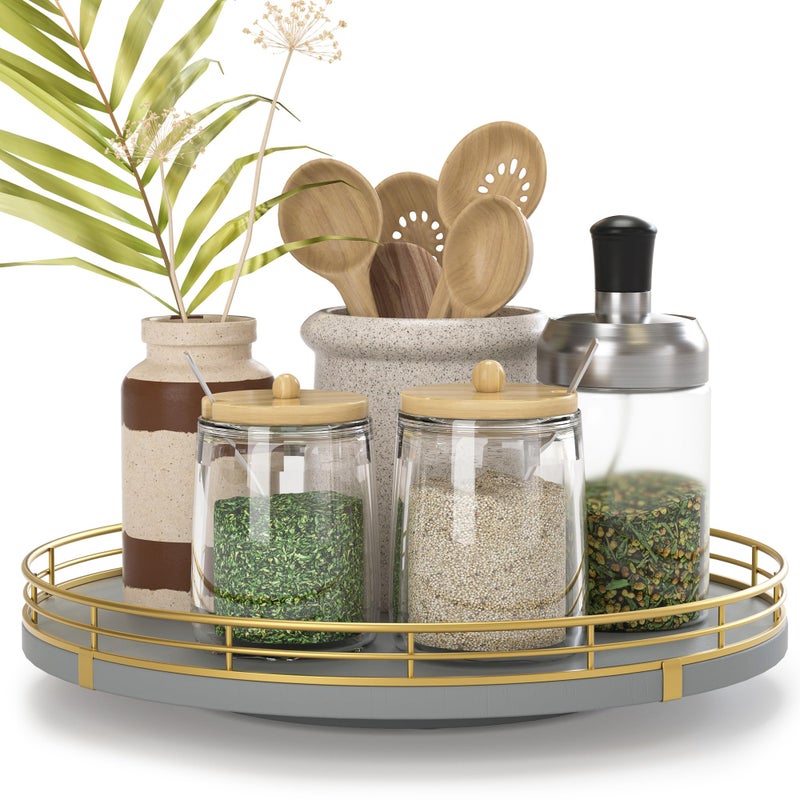 Oroyutor 10" Wooden Lazy Susan Turntable for Cabinet â€“ Rotating Spice Rack Organizer, Small Gray Kitchen Countertop Round Tray for Dining Table & Pantry Storage - Image 1