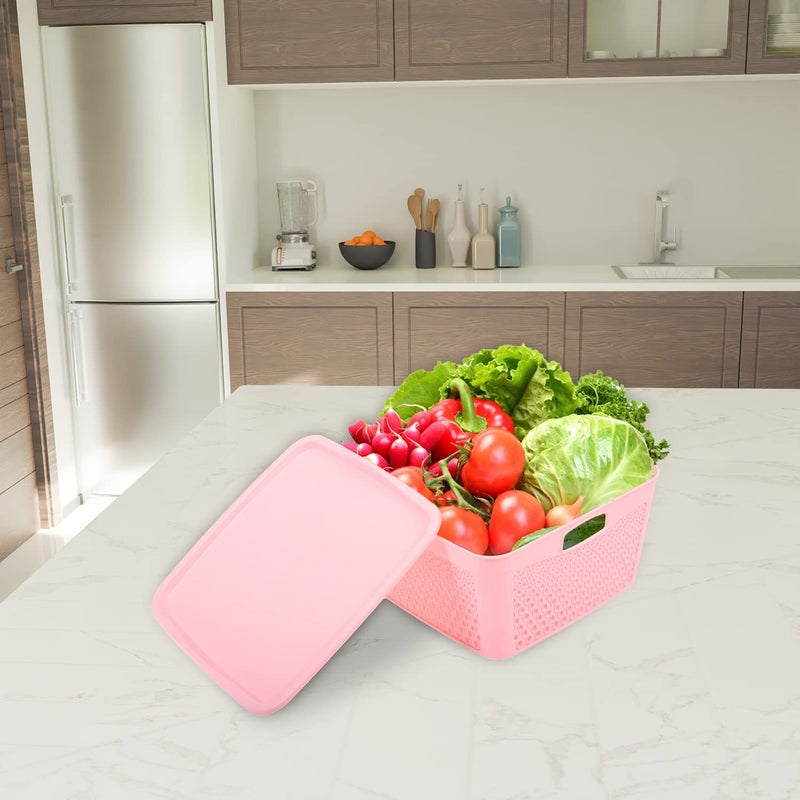 Kuber Industries Netted Design Unbreakable Multipurpose Square Shape Plastic Storage Baskets with lid Small, Medium, Large Pack of 3 (Pink) - Image 5