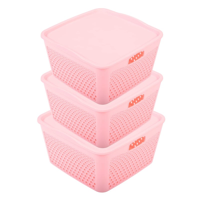 Kuber Industries Netted Design Unbreakable Multipurpose Square Shape Plastic Storage Baskets with lid Small, Medium, Large Pack of 3 (Pink) - Image 1