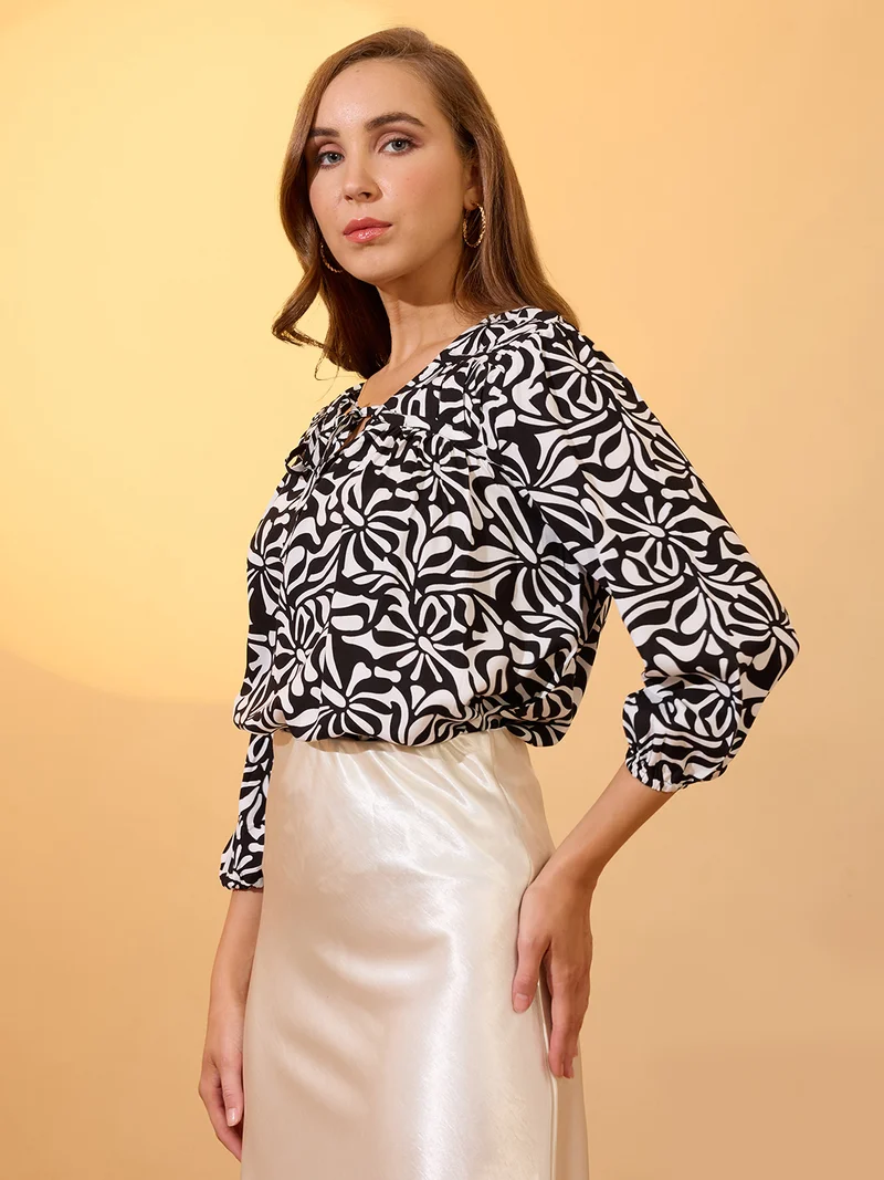 globus Women Black V-neck Bishop Sleeves Abstract Print Tie Up detailing Top