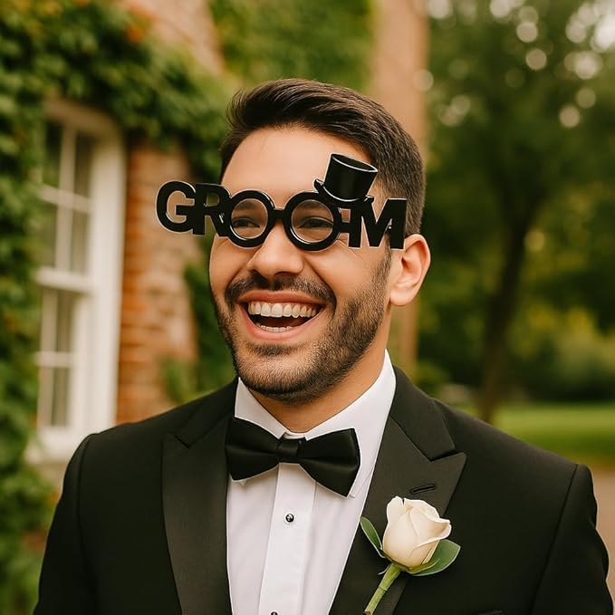 AMFIN® {Pack of 1)Groom Novelty Party Glasses with Mini Top Hat – Fun Bachelor Party Accessories, Wedding Photo Booth Props, Black Plastic Costume Sunglasses for Groom-to-Be - Black - Image 4