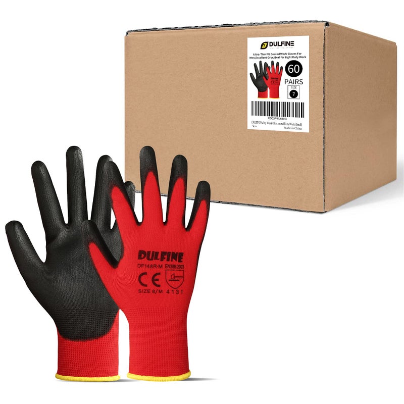 DULFINE Safety Work Gloves PU Coated60 PairsRed Seamless Knit Glove with Polyurethane Coated Smooth Grip on Palm Fingers for Men and Women Ideal for General Duty Work Large