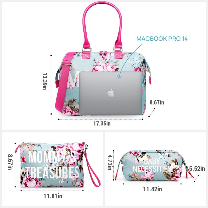LitBear Mommy Bag for Hospital, Hospital Tote for Labor and Delivery, Large Capacity Waterproof Mommy Organizer, Multifunction Overnight Tote for Women, Mom Bag with Straps (Blue Floral) - Image 4