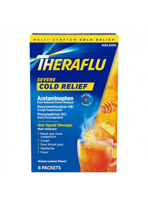 Daytime Severe Cold Relief Powder, Cold and Cough Medicine Powder Packets, Honey Lemon Flavors - 6 Packets