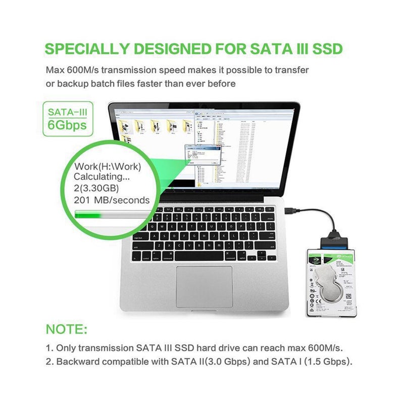 كابل تحويل USB 3.0 إلى SATA III لنقل البيانات من محرك الأقراص الصلبة مع كابل توصيل أسود للاستخدام اليومي والمنزل والمكاتب - Image 5