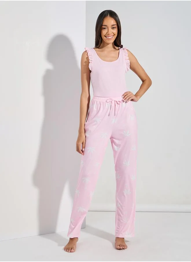 ستايلي Schiffli Trim Solid Vest & Shell Print Pyjama Set
