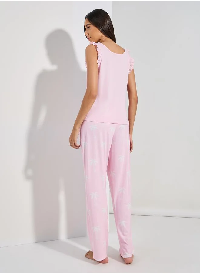 ستايلي Schiffli Trim Solid Vest & Shell Print Pyjama Set