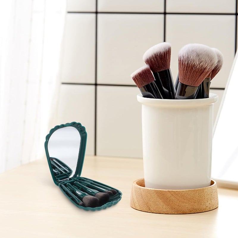 SHOWERORO Supple Makeup Brush Set 5pcs Long Handle Eyeshadow Blending Powder Applicator for Travel Portable Beauty Tools with Green Shell Design - Image 5