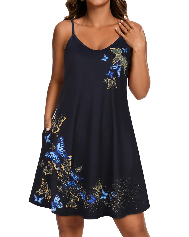 JOELLYUS Women Sundresses Summer Dresses Spaghetti Strap Dress Beach Cover Ups Backless Sundress (Black Gold Butterfly, L) - Image 3