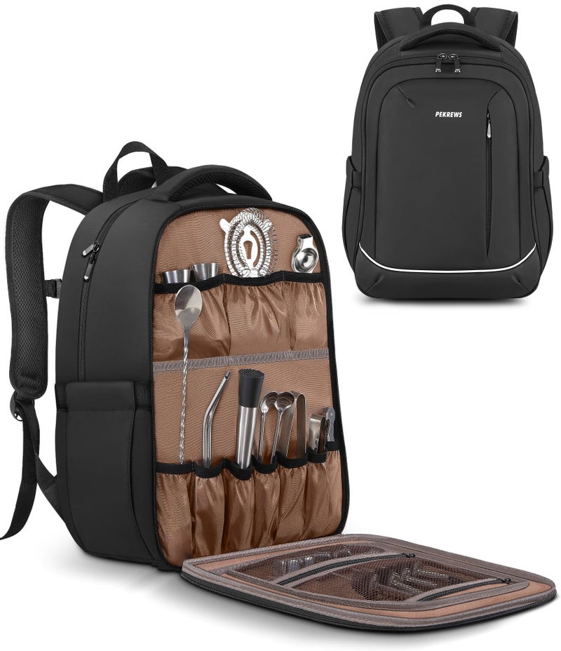 PEKREWS Bartender Bag Travel Bartending Backpack for Carrying Bar Kit Portable Bar Bag for Tools Set Storage Cocktail Shaker and Wine Bottle Carrier Professional Mixology Gift Backpack Only