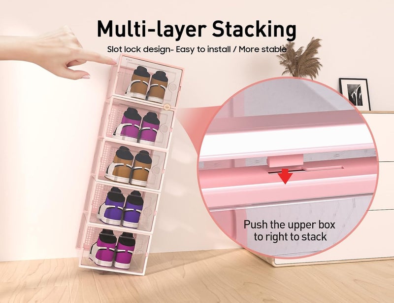 Kuject X-Large Shoe Storage Boxes Organizers Clear Plastic Stackable 12 Pack, Shoe Rack & Holder Substitute, Sneaker Containers, Toy Storage Organizer Bins for Entryway, Closet, Under Bed, Pink - Image 3