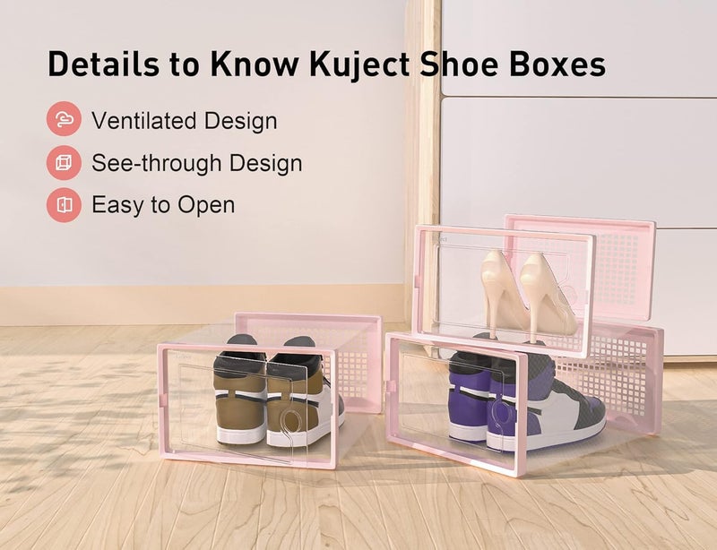 Kuject X-Large Shoe Storage Boxes Organizers Clear Plastic Stackable 12 Pack, Shoe Rack & Holder Substitute, Sneaker Containers, Toy Storage Organizer Bins for Entryway, Closet, Under Bed, Pink - Image 5