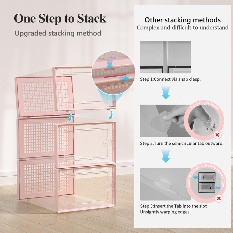 Kuject X-Large Shoe Storage Boxes Organizers Clear Plastic Stackable 12 Pack, Shoe Rack & Holder Substitute, Sneaker Containers, Toy Storage Organizer Bins for Entryway, Closet, Under Bed, Pink - Image 4