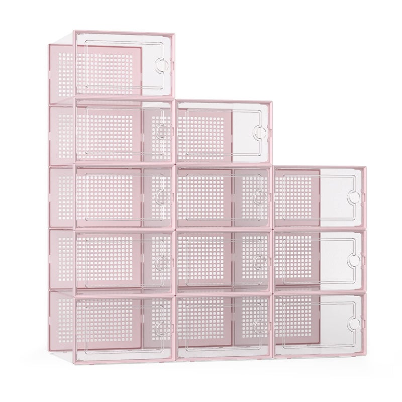 Kuject X-Large Shoe Storage Boxes Organizers Clear Plastic Stackable 12 Pack, Shoe Rack & Holder Substitute, Sneaker Containers, Toy Storage Organizer Bins for Entryway, Closet, Under Bed, Pink - Image 1