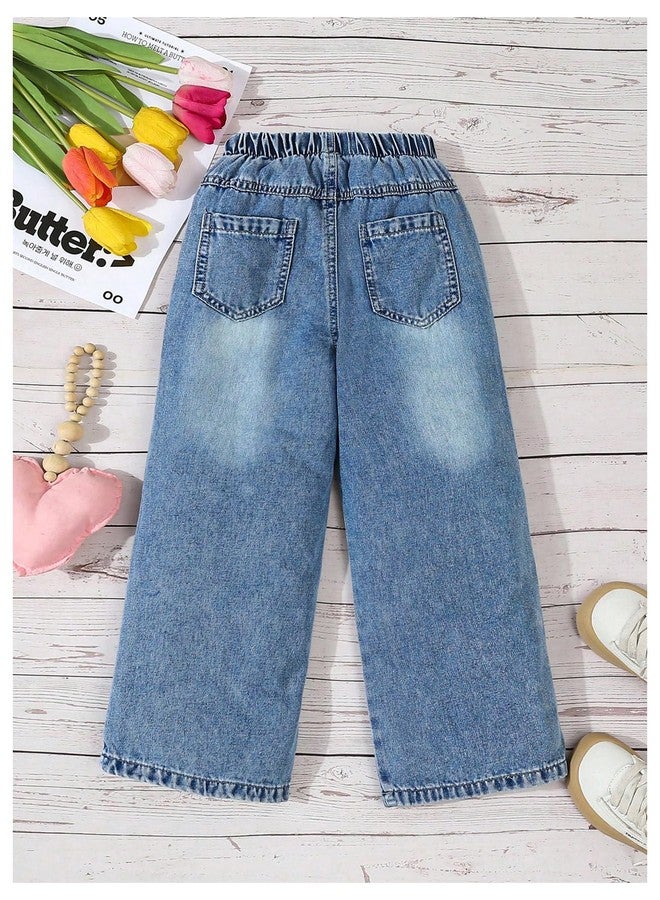 OYOANGLE Toddler Girls's Heart Embroidery Wide Leg Jeans Elastic Waist Y2K Baggy Denim Pants with Pockets Medium Wash 5Y - Image 3