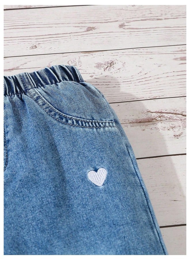 OYOANGLE Toddler Girls's Heart Embroidery Wide Leg Jeans Elastic Waist Y2K Baggy Denim Pants with Pockets Medium Wash 5Y - Image 4