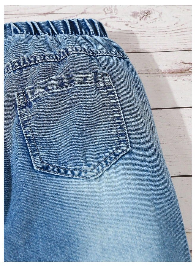 OYOANGLE Toddler Girls's Heart Embroidery Wide Leg Jeans Elastic Waist Y2K Baggy Denim Pants with Pockets Medium Wash 5Y - Image 5