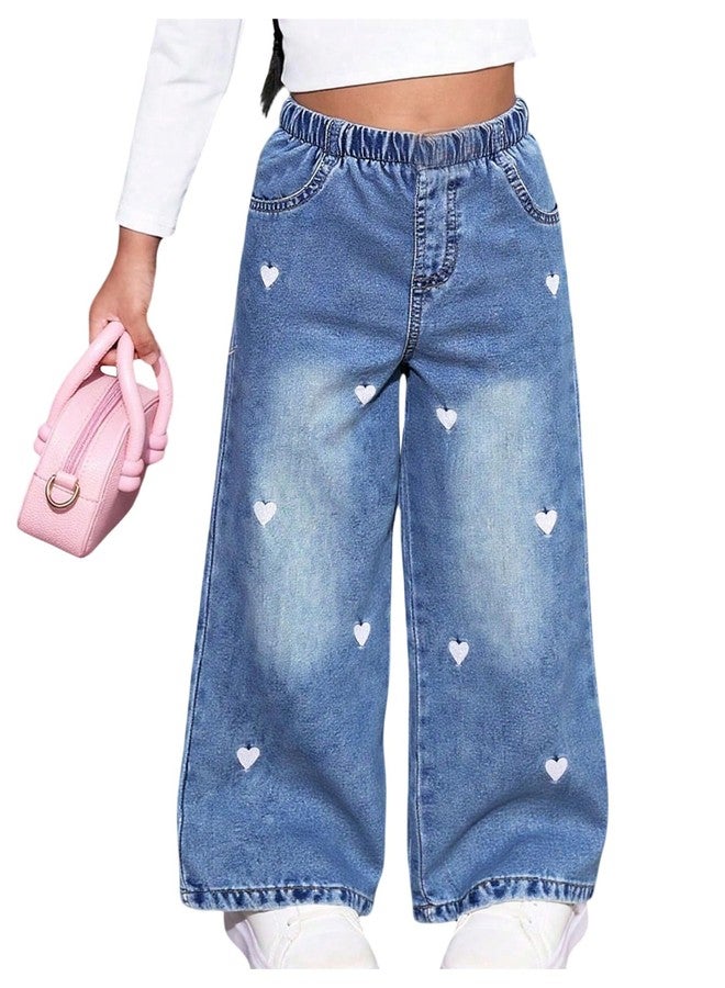 OYOANGLE Toddler Girls's Heart Embroidery Wide Leg Jeans Elastic Waist Y2K Baggy Denim Pants with Pockets Medium Wash 5Y - Image 1