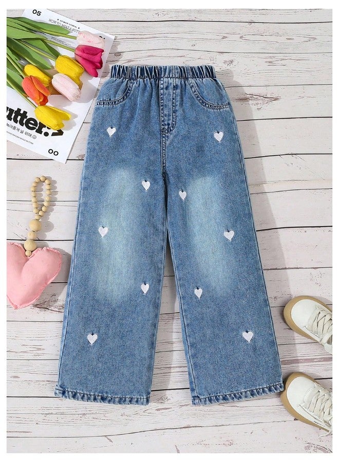 OYOANGLE Toddler Girls's Heart Embroidery Wide Leg Jeans Elastic Waist Y2K Baggy Denim Pants with Pockets Medium Wash 5Y - Image 2