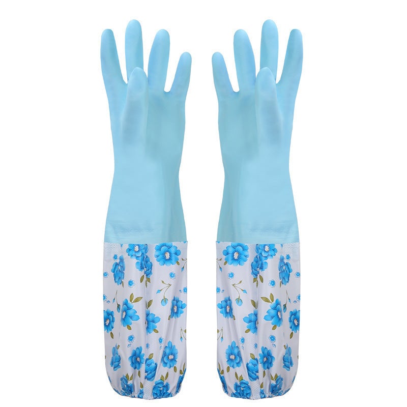 Fleece-lined dishwashing gloves winter sleeve thickened rubber kitchen cleaning sanitary household laundry latex warm gloves 062 not fleece-lined Blue 062 not fleece-lined Blue