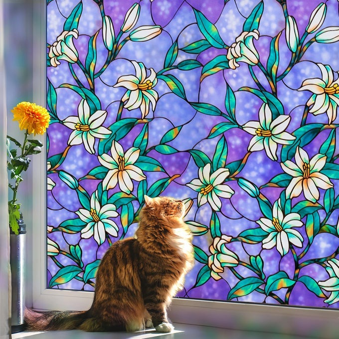 DECORATIVE WINDOW PRIVACY FILM HEAT CONTROL SUN BLOCKING STAINED GLASS WINDOW FILM FLORAL DESIGN STATIC CLING NON ADHESIVE WINDOWS TINT FOR BATHROOM FRONT DOORVINYL 175 X 787