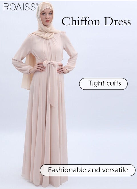 Fashionable Muslim Chiffon Crew Neck  Dress Women'S Daily Commuting Solid Color  High-Rise Long Sleeve Belt Tightening Large Skirt Dress Robe for Ladies Elegant Temperament Casual Outfit