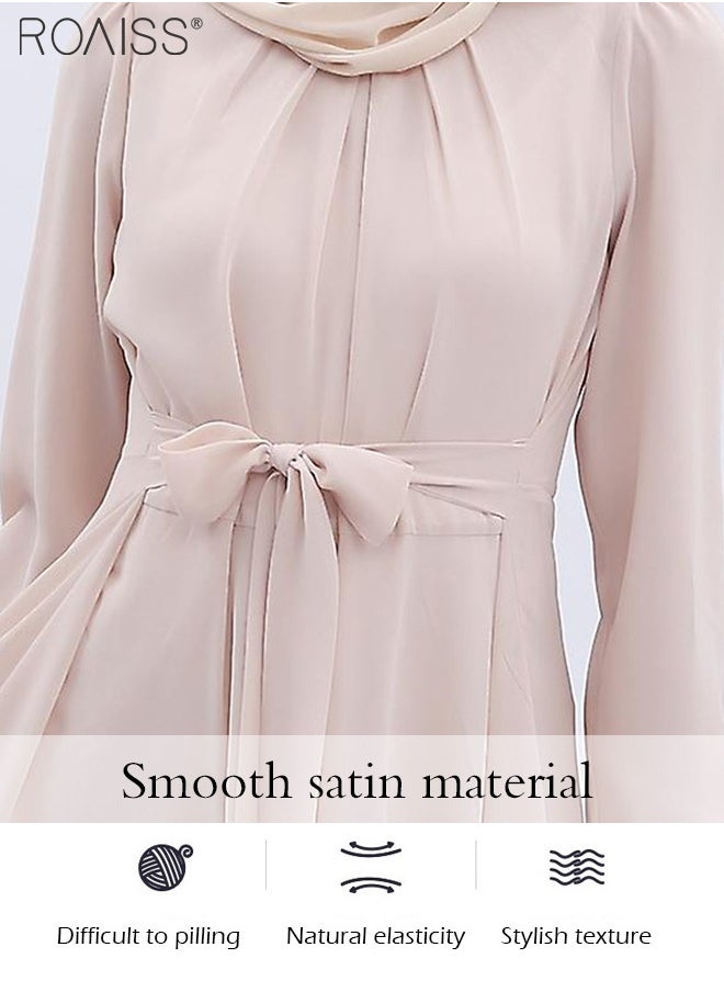 Fashionable Muslim Chiffon Crew Neck  Dress Women'S Daily Commuting Solid Color  High-Rise Long Sleeve Belt Tightening Large Skirt Dress Robe for Ladies Elegant Temperament Casual Outfit