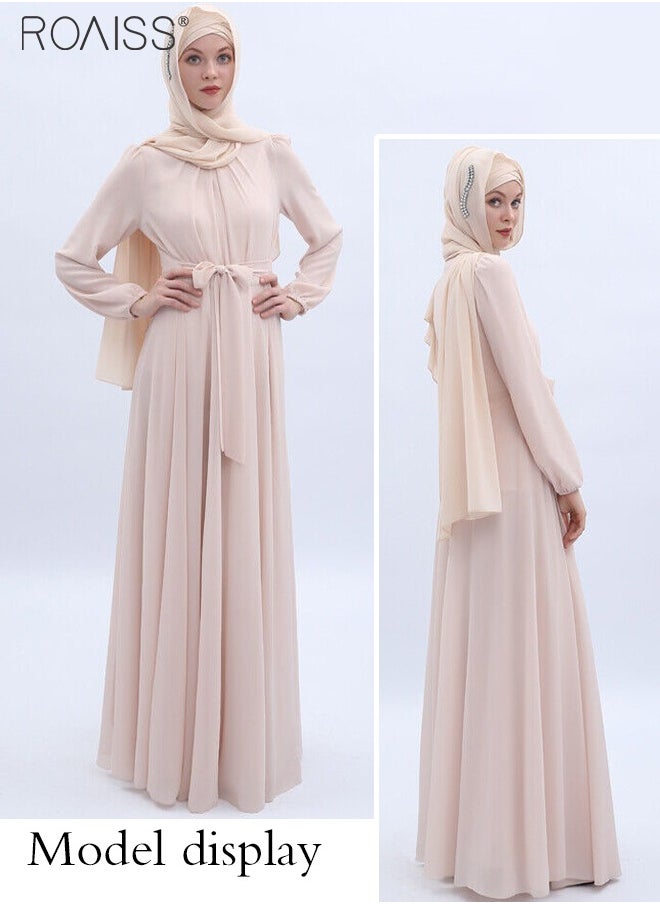 Fashionable Muslim Chiffon Crew Neck  Dress Women'S Daily Commuting Solid Color  High-Rise Long Sleeve Belt Tightening Large Skirt Dress Robe for Ladies Elegant Temperament Casual Outfit