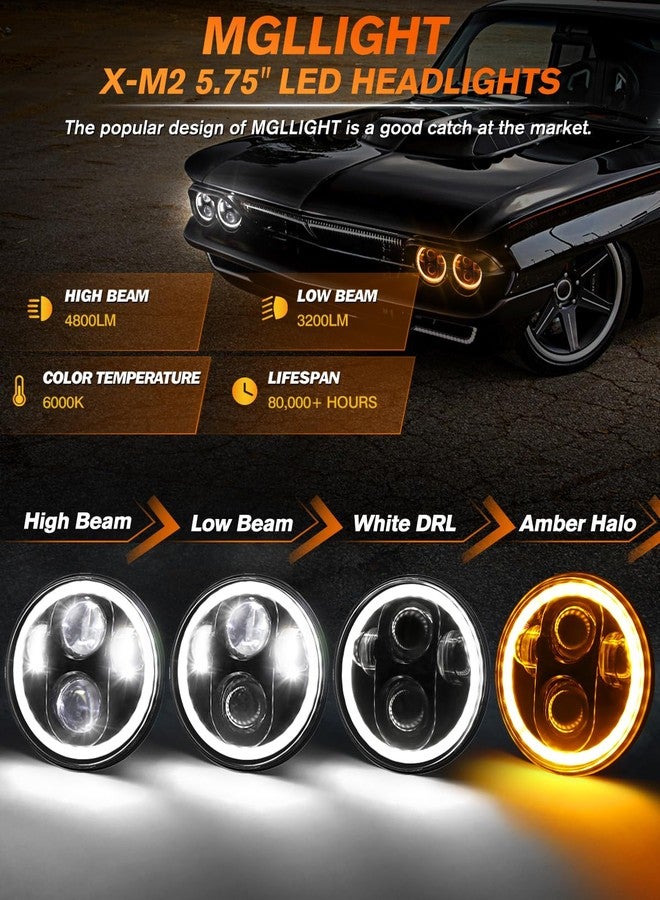 MGLLIGHT 5 3/4 5.75 inch LED Headlight with Amber Halo DRL LED Projector Sealed Beam Headlight Compatible with Kenworth W900 D-odge Challenger F-ord Gran Torino P-eterbilt 352 (4pcs), - Image 2