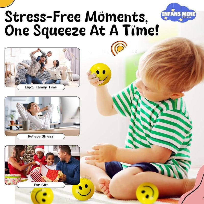 Infans Mini كرة الابتسامة للأطفال ألعاب ضغط غير سامة، كرة إسفنجية ناعمة لتمارين اليد وتخفيف التوتر للبالغين (عبوة من 12)، صفراء - Image 3