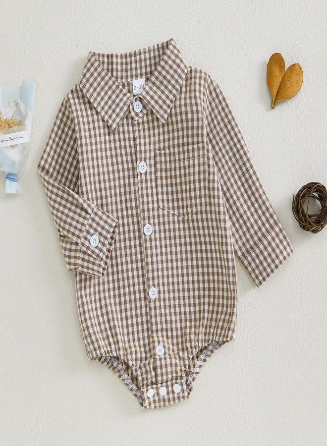 Douhoow Baby Plaid Romper Boys Girls Button Down Bodysuit Long Sleeve Lapel Neck Tops Fall Winter Festival Clothes (Coffee, 0-3 Months) - Image 2