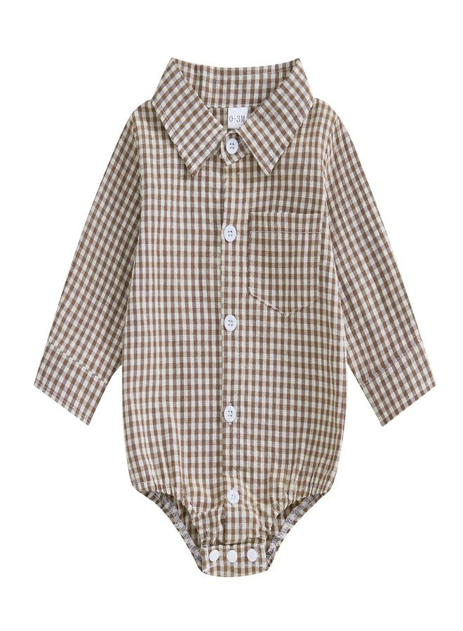 Douhoow Baby Plaid Romper Boys Girls Button Down Bodysuit Long Sleeve Lapel Neck Tops Fall Winter Festival Clothes (Coffee, 0-3 Months) - Image 1