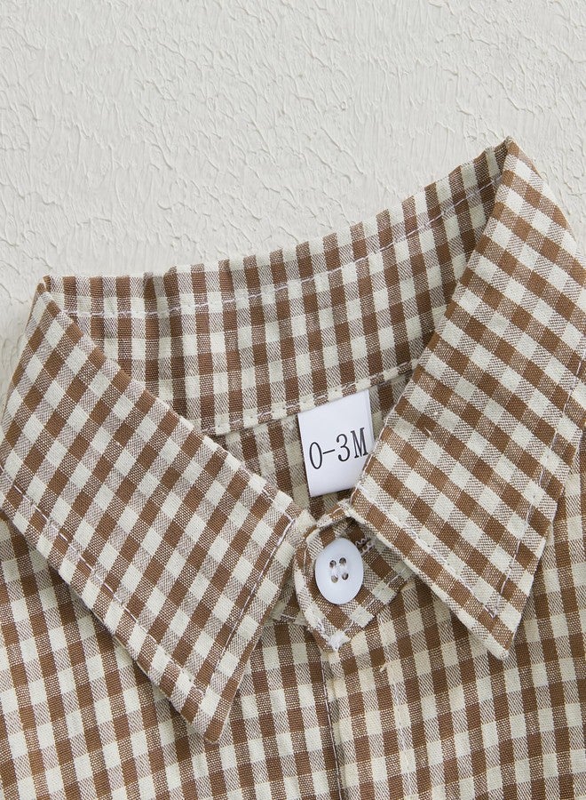 Douhoow Baby Plaid Romper Boys Girls Button Down Bodysuit Long Sleeve Lapel Neck Tops Fall Winter Festival Clothes (Coffee, 0-3 Months) - Image 4
