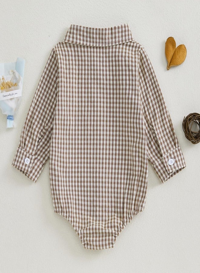 Douhoow Baby Plaid Romper Boys Girls Button Down Bodysuit Long Sleeve Lapel Neck Tops Fall Winter Festival Clothes (Coffee, 0-3 Months) - Image 3