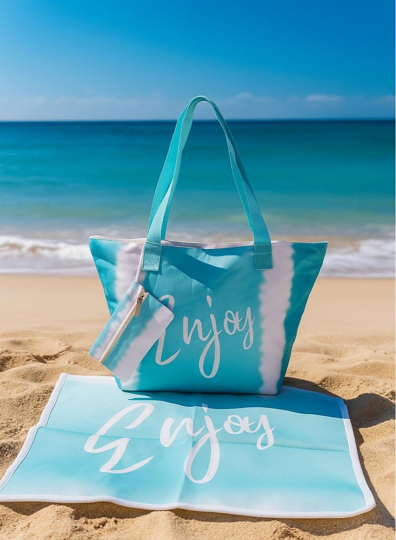 Handbag + soft mat + wallet with a cool beach theme in blue