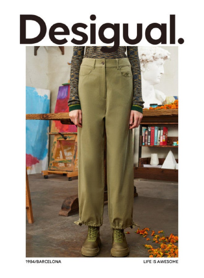 DESIGUAL سروال نسائي كاجوال بقصة فضفاضة، حواف مطرزة وأساور قابلة للسحب - Image 1