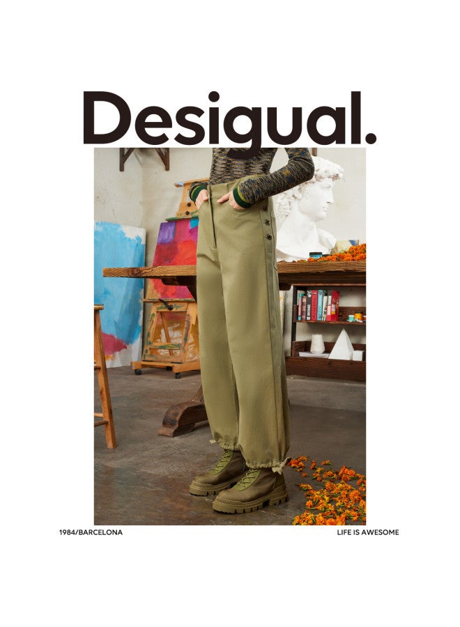 DESIGUAL سروال نسائي كاجوال بقصة فضفاضة، حواف مطرزة وأساور قابلة للسحب - Image 3