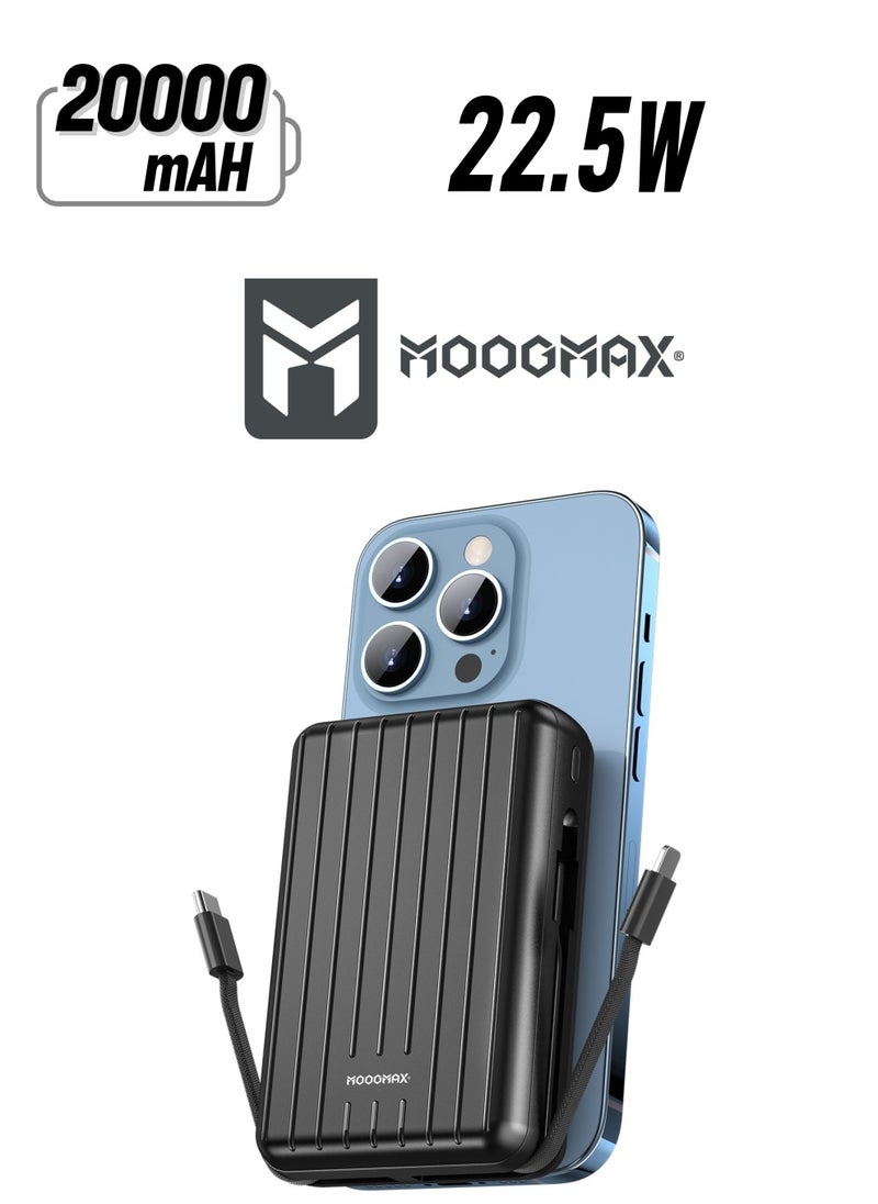 MOOGMAX - 20000mAh Trunk series magnetic wireless power bank  22.5W super-charging, two built-in cables with 15W wireless charging, 3 external ports 1 Type-C and 1 Type-A, and a Lightning port. black - Image 1