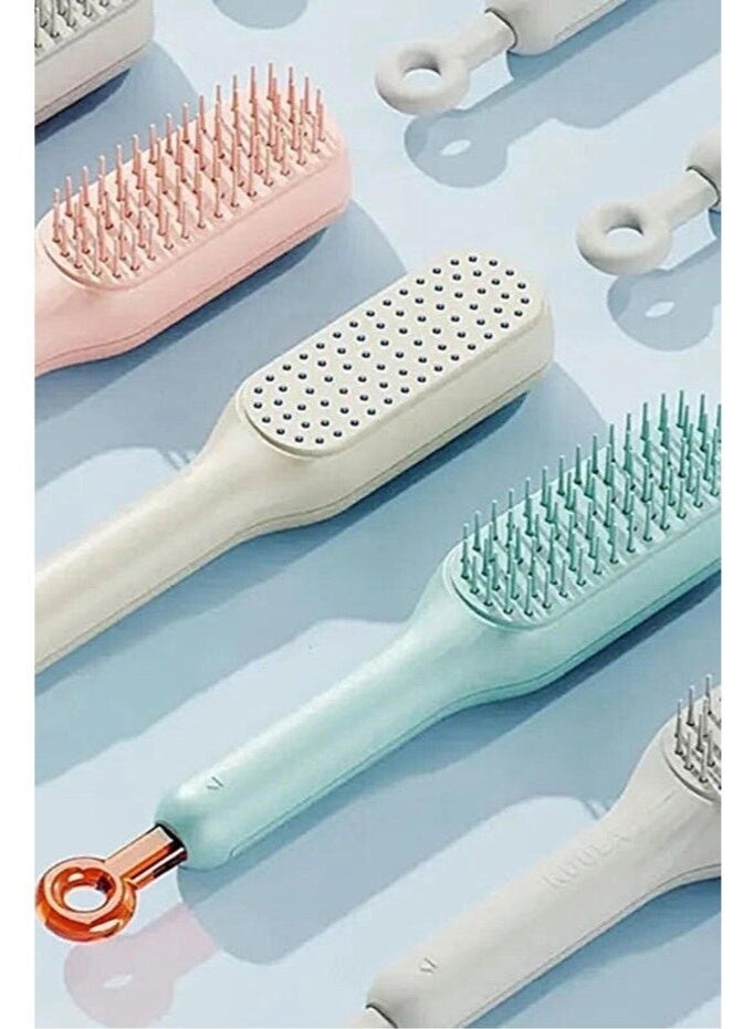 فرشاة شعر متعددة الوظائف ذاتية التنظيف للنساء - مشط تدليك مضاد للكهرباء الساكنة لفك تشابك الشعر بشعيرات ناعمة - فرشاة شعر غير مؤلمة للشعر الطويل والقصير والمجعد والمموج والمستقيم - فرشاة شعر أنيقة قابلة للسحب وسهلة التنظيف (متعددة الألوان، قطعة واحدة) - Image 5
