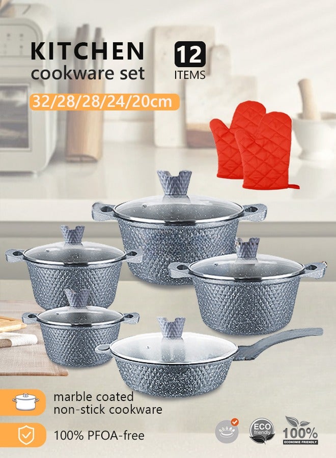 HK 12-Piece Kitchen Cookware set, Casserole Set And Frying Pan With Non Stick Cookware sets ,Finish Glass lid PFOA-Free  20-24-28-32 cm (Deep Stockpot) + 28 cm (deep Frying Pan)+ Pair Of Gloves（Grey） - Image 1