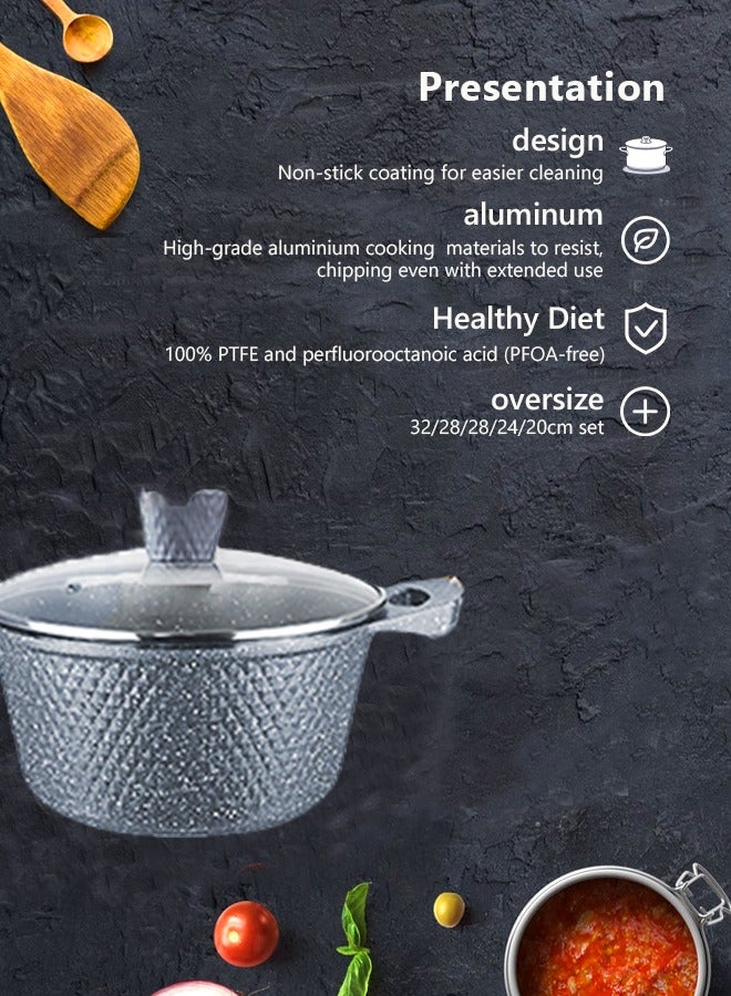 HK 12-Piece Kitchen Cookware set, Casserole Set And Frying Pan With Non Stick Cookware sets ,Finish Glass lid PFOA-Free  20-24-28-32 cm (Deep Stockpot) + 28 cm (deep Frying Pan)+ Pair Of Gloves（Grey） - Image 2