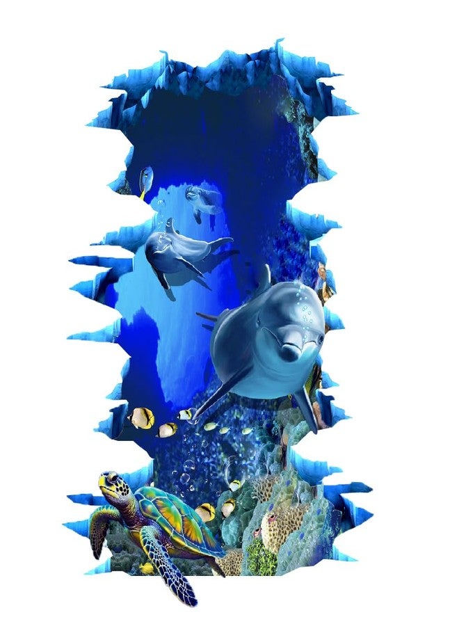 SUPERDANT 3D Broken Wall Stickers Blue Dolphin Turtle Ocean World Wall Decals Under The Sea Tropical Fish DIY Vinyl Stickers Peel and Stick Underwater Wallpaper Decor for Floor Kids Boys Bedroom - Image 1