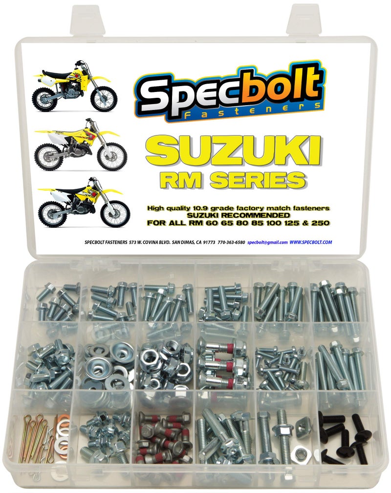 250pc Specbolt Suzuki RM Two Stroke Bolt Kit for Maintenance Restoration of MX Dirtbike OEM Spec Fastener RM60 RM65 RM80 RM85 RM100 RM125 RM250