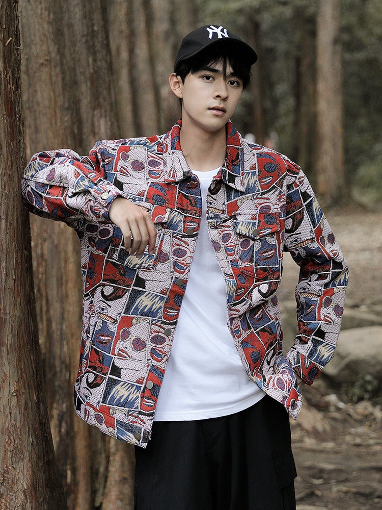 New American street jacquard embroidered lapel Denim jacket men's and women's trendy loose bf style casual niche jacket - Image 4