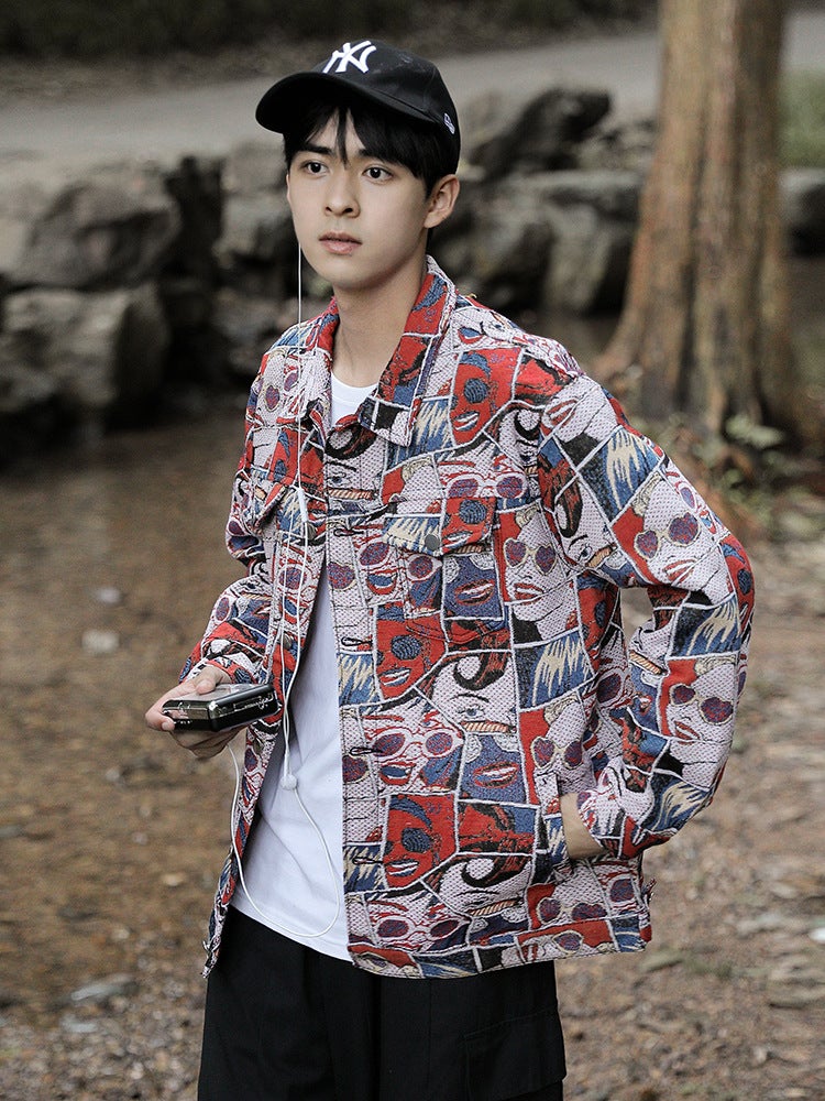 New American street jacquard embroidered lapel Denim jacket men's and women's trendy loose bf style casual niche jacket - Image 2