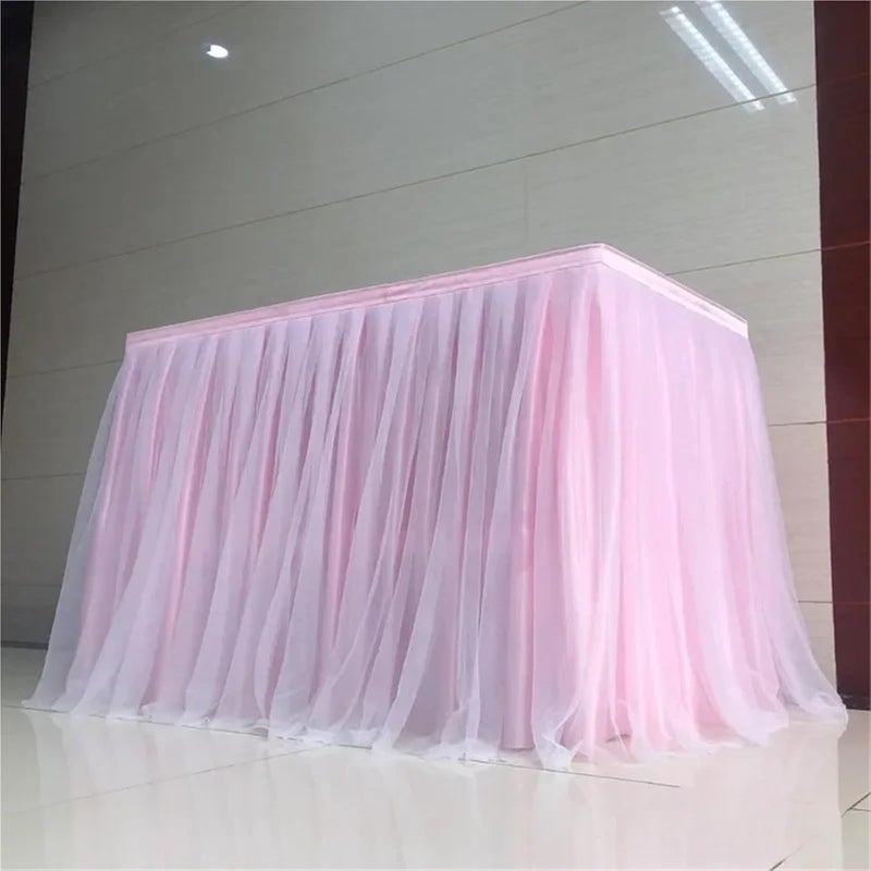 Table Skirt 6FT Celebration Fabric Dboule Layer Voile Table Skirt Wedding Decoration Birthday Party Holiday Festival Hotel Events(Color 10,426cm (14FT) Length) - Image 2