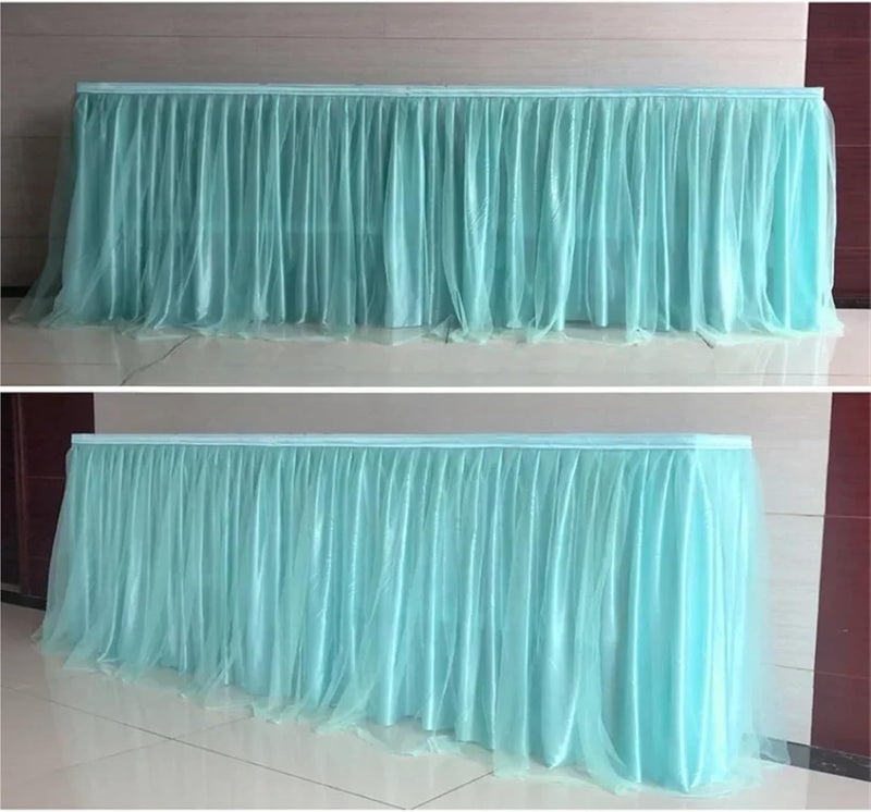Table Skirt 6FT Celebration Fabric Dboule Layer Voile Table Skirt Wedding Decoration Birthday Party Holiday Festival Hotel Events(Color 10,426cm (14FT) Length) - Image 3