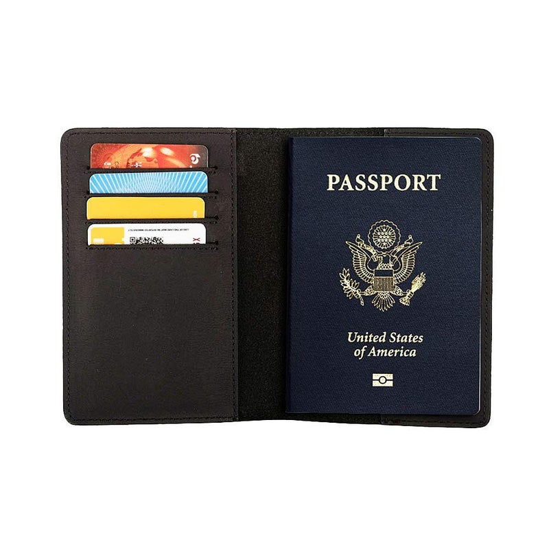 AGBIADD حامل جواز سفر من الجلد الطبيعي محفظة سفر غلاف جواز سفر RFID للنساء والرجال (أسود) - Image 2