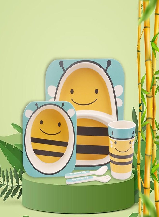 Tony Stark Bamboo Baby Feeding Set - 5-Piece Tableware for Toddlers, Kids & Babies Includes Plate, Bowl, Cup, Spoon, Fork - BPA-Free, Unbreakable Eco-Friendly |Organic & Natural (Honey Bee) - Image 1